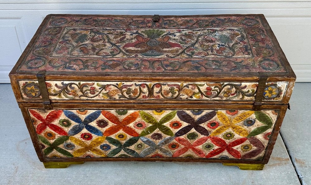 Museum-Quality 18th C.Peruvian Spanish Colonial Polychromed Leather Dowry Trunk