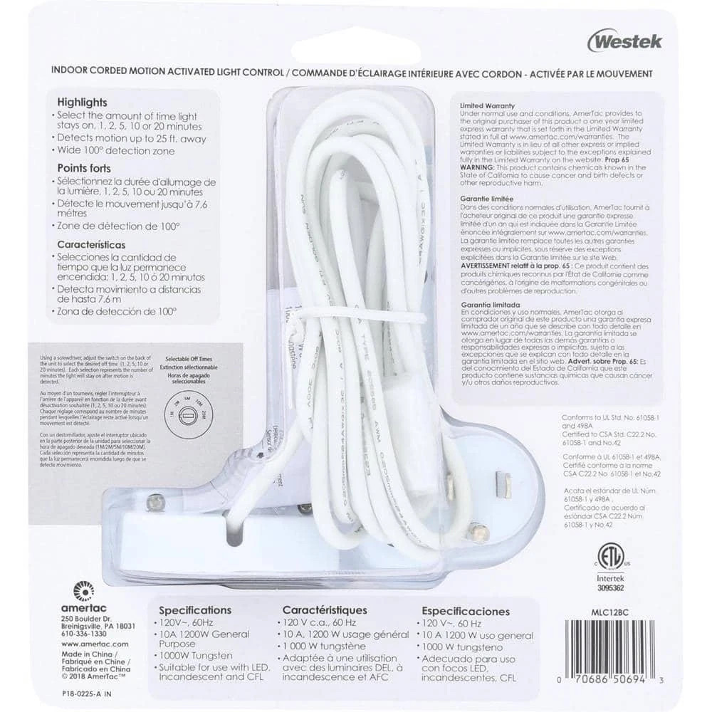 Indoor Plug-In Motion Activated Light Control