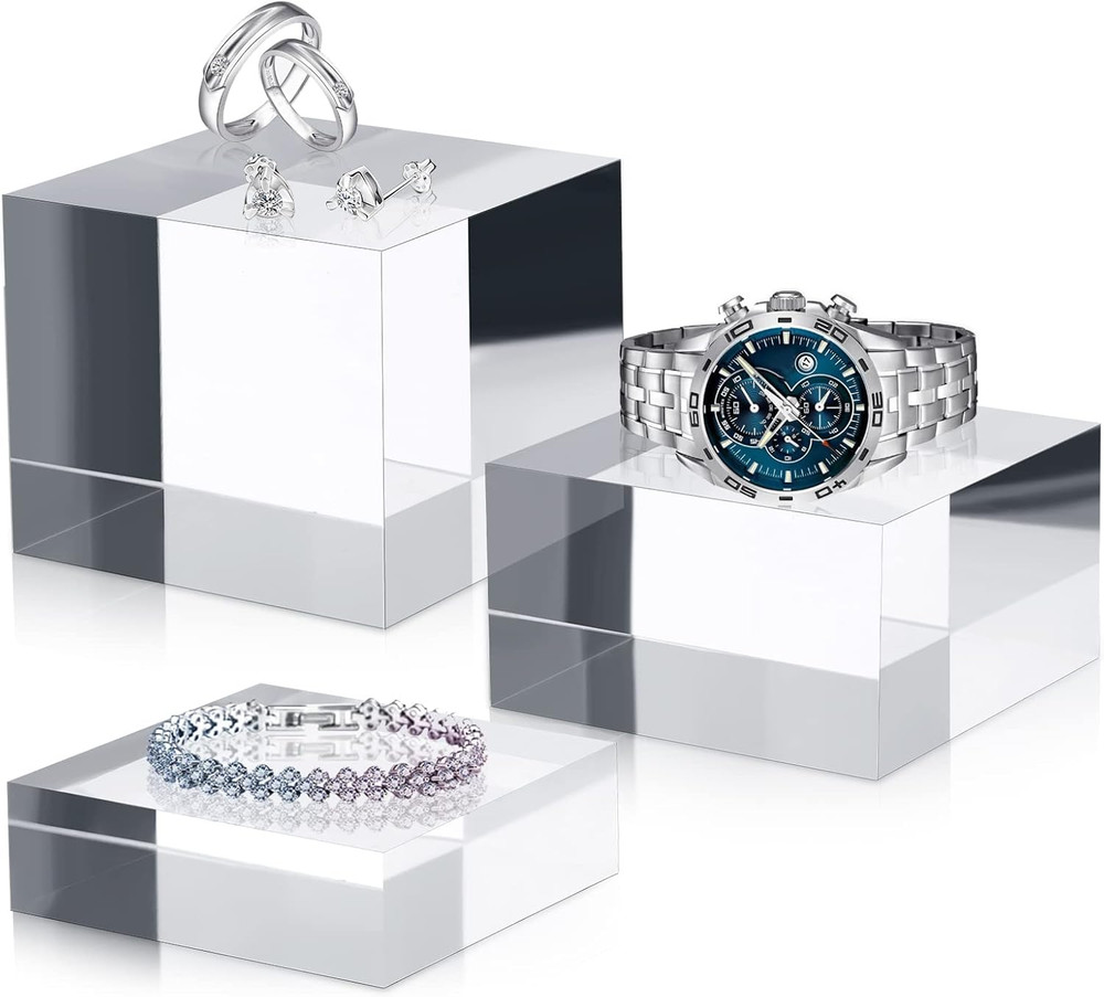 3 Pcs Acrylic Square Display Block Clear Polished Acrylic Cube Solid Display Ris