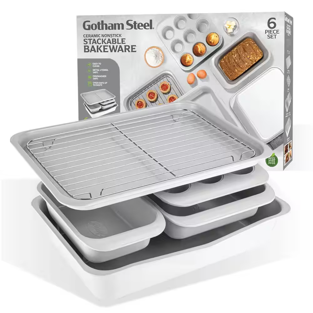 6-Piece White Ceramic Nonstick Stackable Bakeware Set