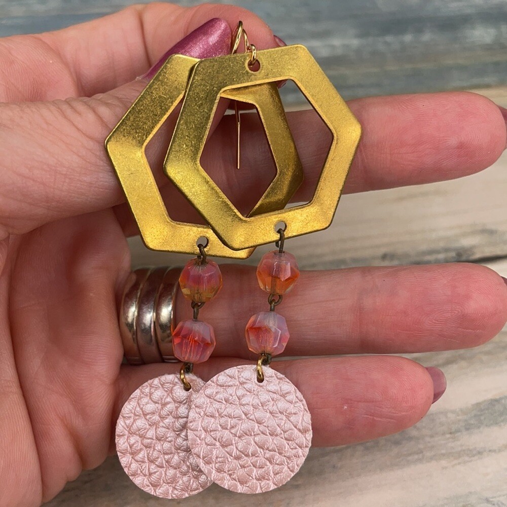 Adorned Crown Artisan assemblage hexagon drop earrings