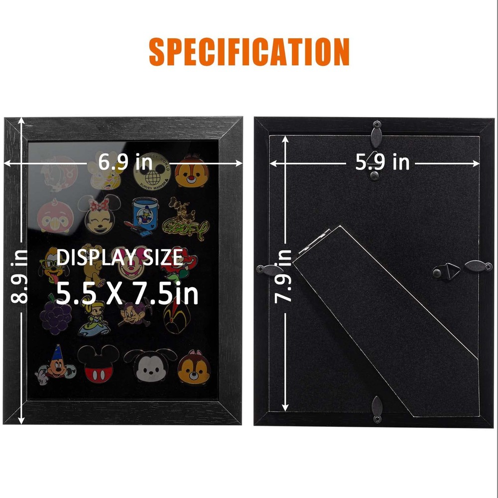 Enamel Pin Display Frame, 7x9 Shadow Box for Wall and Tabletop Mount, Black