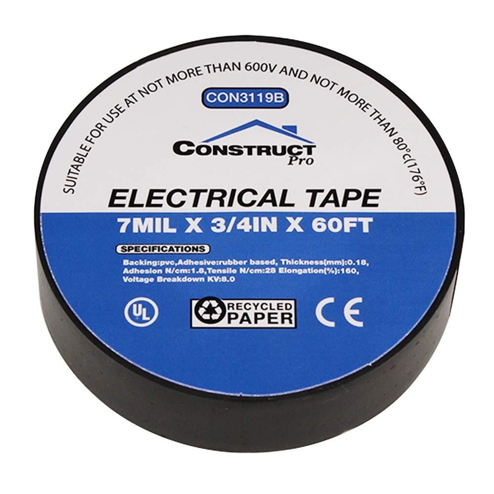 Construct Pro UL-Listed Electrical Tape (3/4in x 60ft, Black Rubber)