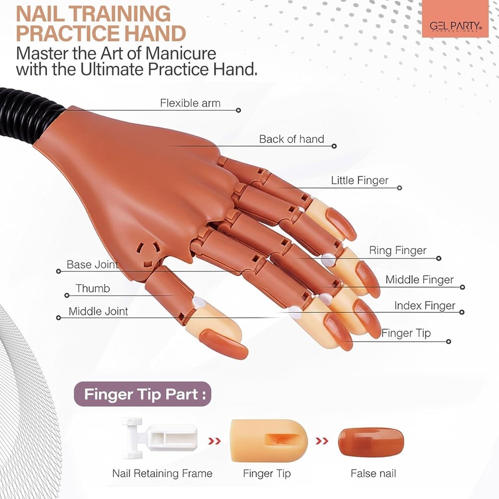 Flexible Nail Practice Hand with Clamp Silicone Training Hand with 100 Tips