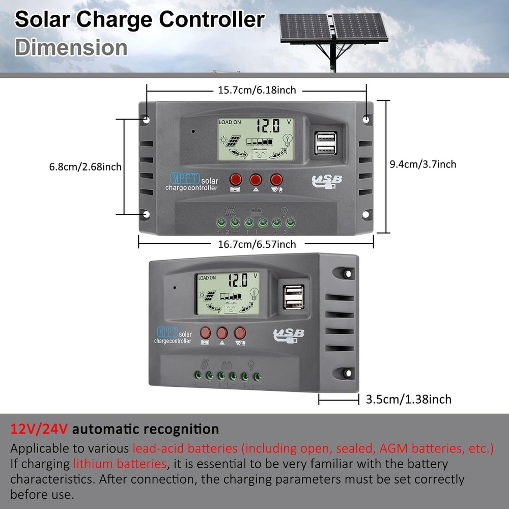 60A MPPT Solar Panel Battery Regulator Charge Controller 12V/24V Auto USB