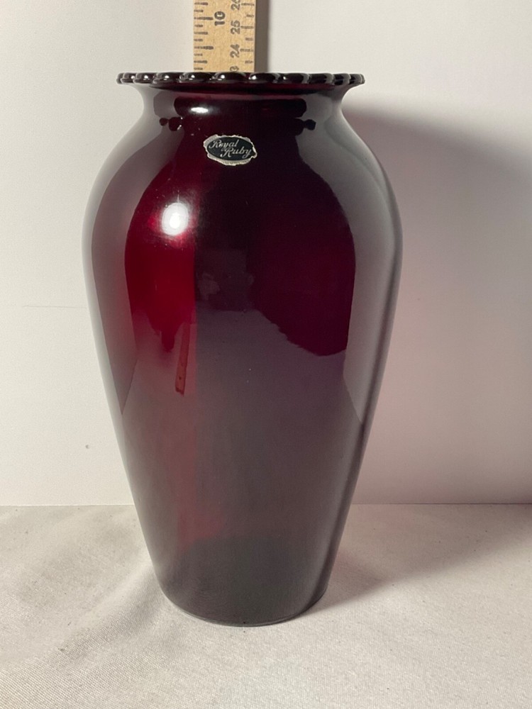 Royal Ruby glass vase decorative scalloped rim