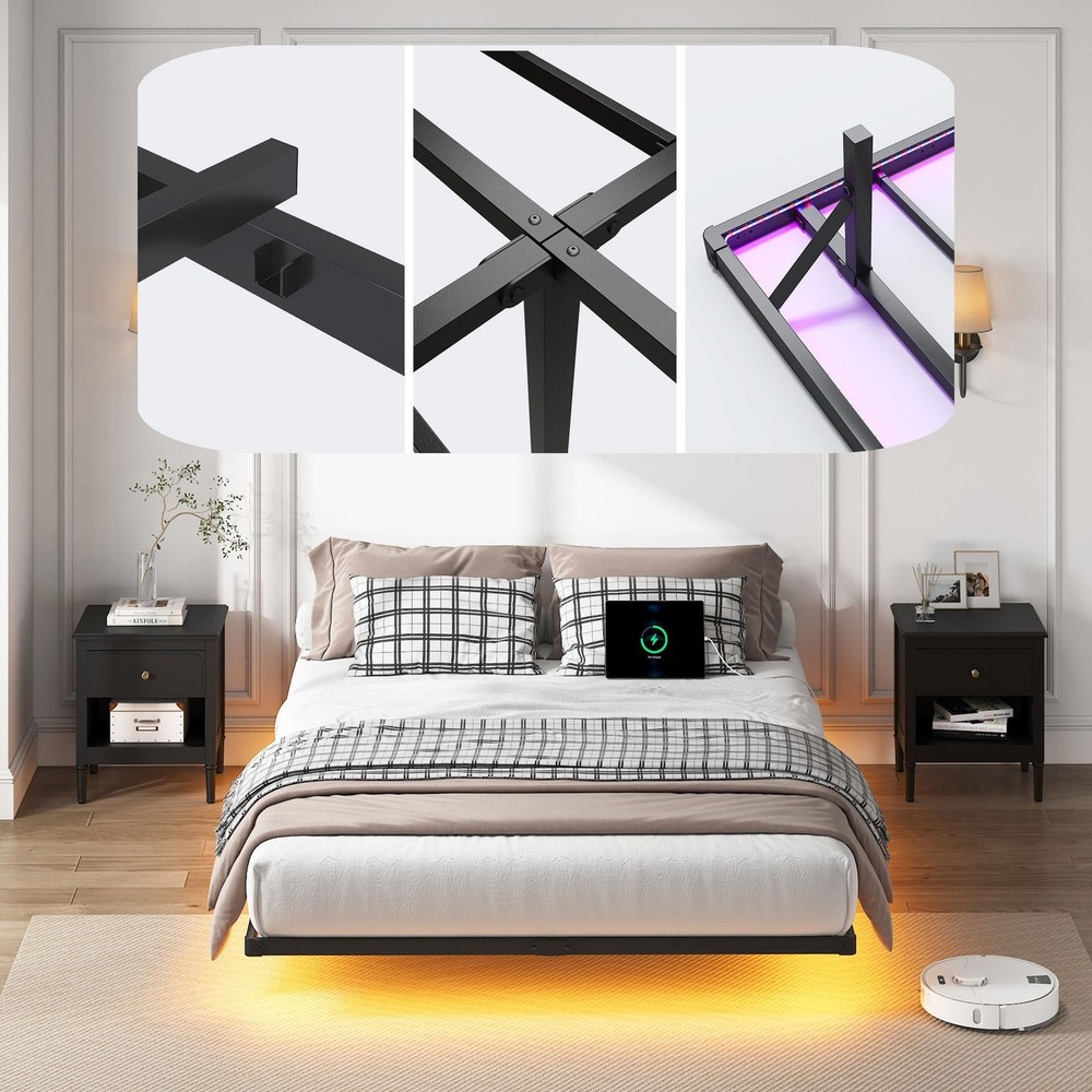 YORMDMO Floating Bed Frame Full Size, Heavy Duty Bedframe with Smart LED Ligh...