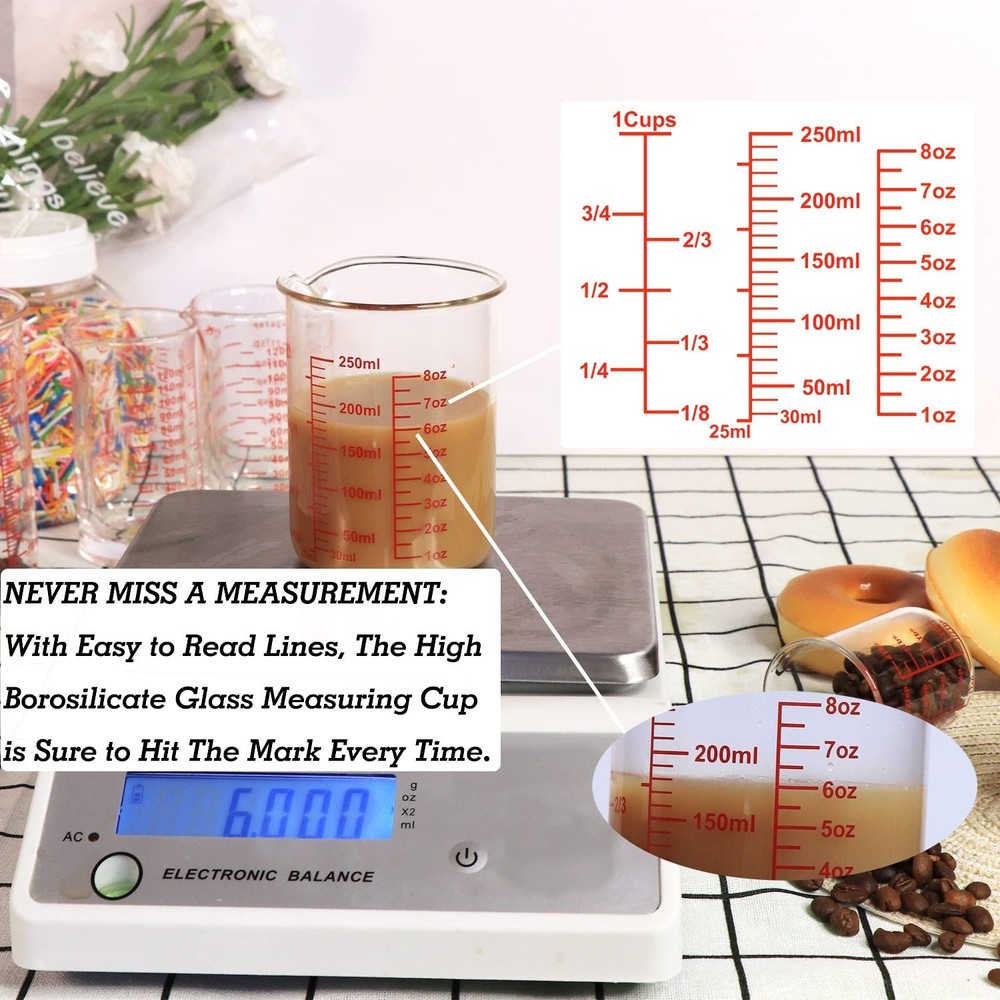High Borosilicate Glass Measuring Cup Set-V-Shaped Spout，Includes 250ml(8