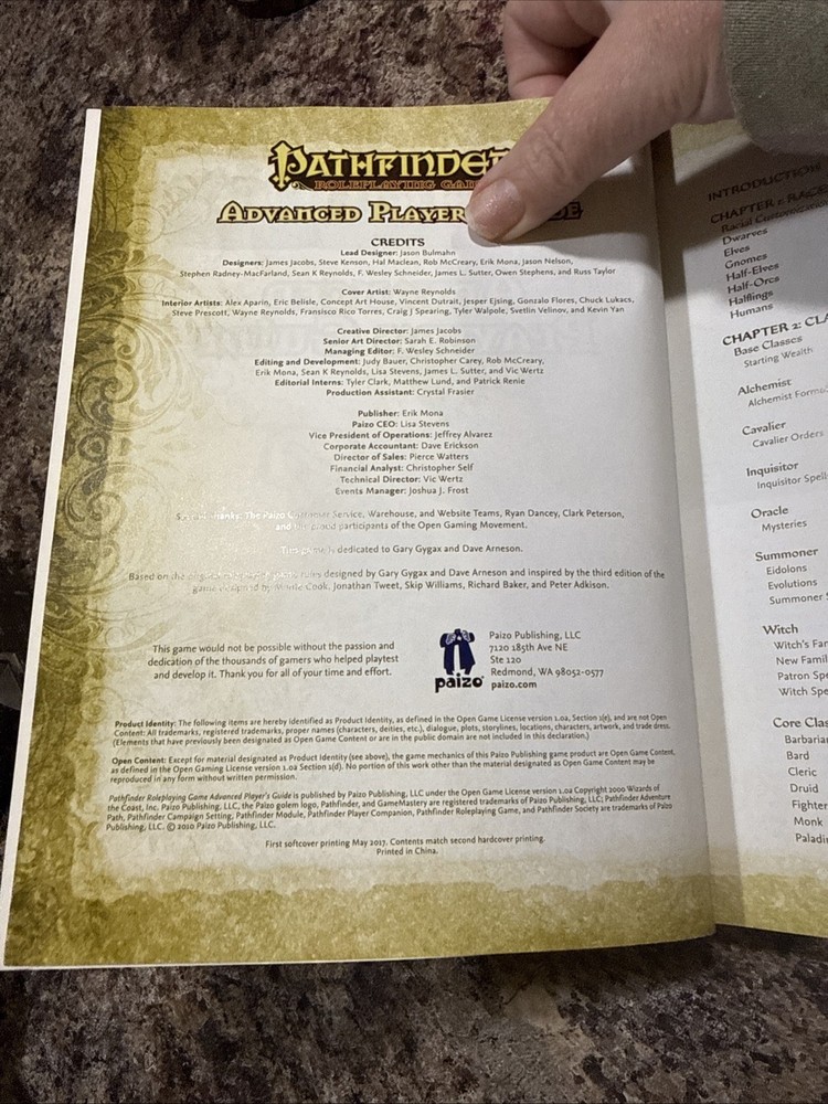 Pathfinder Advanced Players Guide (2017, 1st Print) Softcover AD&D PB Book