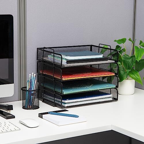 Stackable Paper Tray Desktop Organizer File Storage Office Metal Mesh 14" L x...