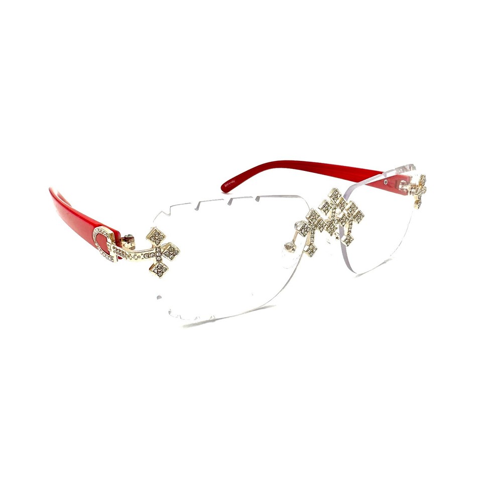 Gold/Silver Triple Cross ICED-OUT Red Frame Statement Glasses