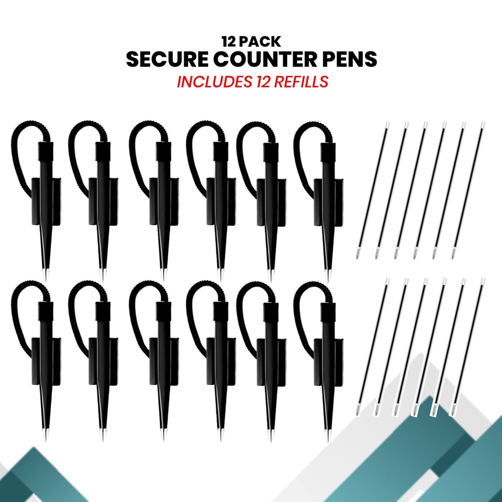 "12 Pack 5"" Secure Counter Pens Black with Cord & Base Includes 12 Refills"