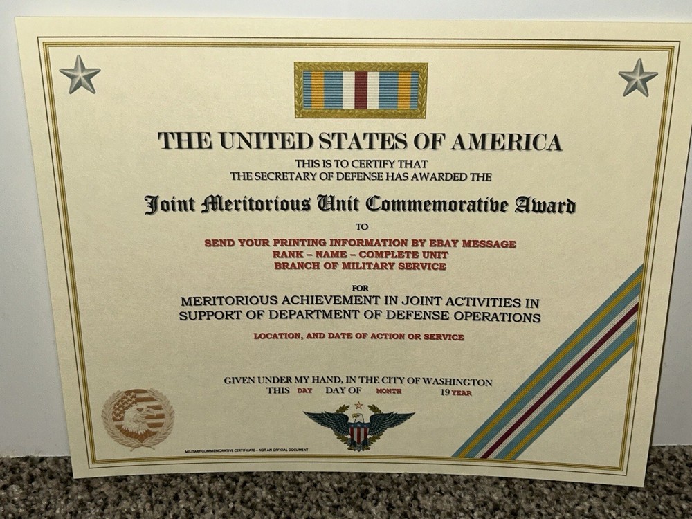 JOINT MERITORIOUS UNIT COMMEMORATIVE AWARD CERTIFICATE ~W/PRINTING T-1
