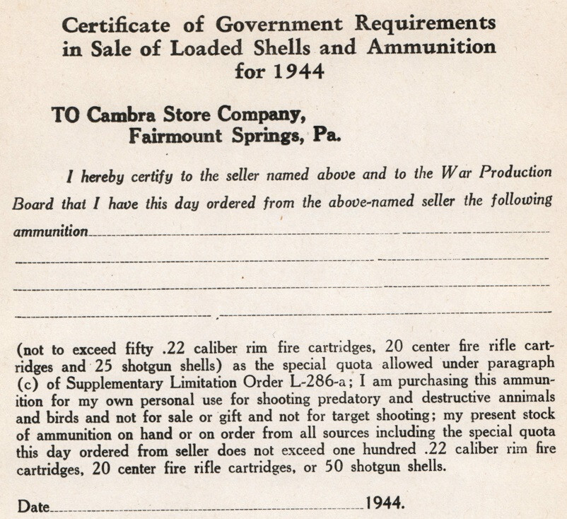 WWII War Production Board Home Front Ammunition Order Certificate
