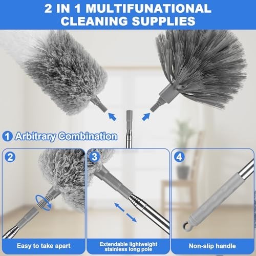 3PCS Cobweb Duster Set with Extension Pole, Long Handle Feather Duster & Ceiling