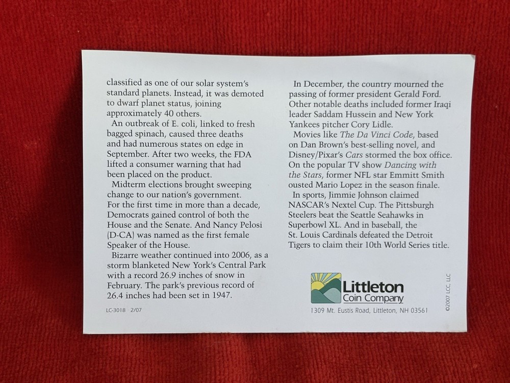 2006 US Proof Set Divider Card Yellow Border