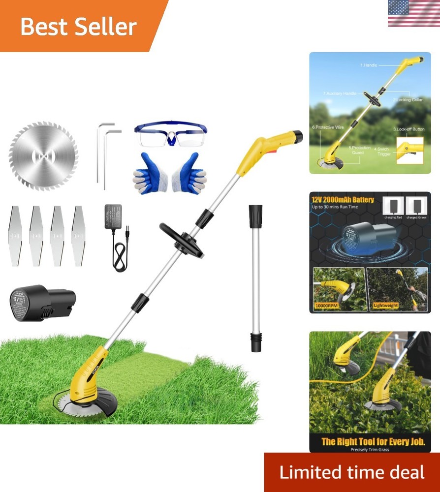 12V Cordless Weed Eater with Adjustable Pole (65in) – Lightweight & Efficient