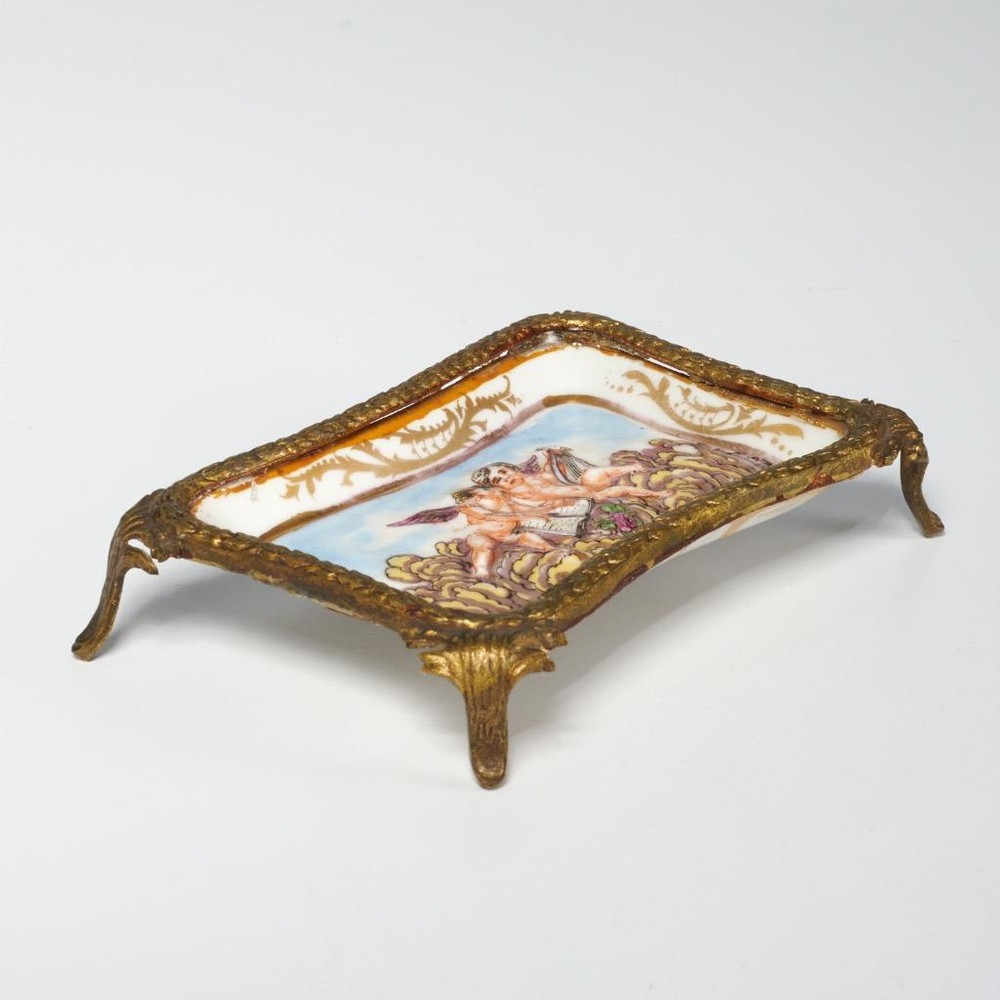 Capodimonte Style Hand Painted Bas Relief Putti Footed Soap Trinket Dish