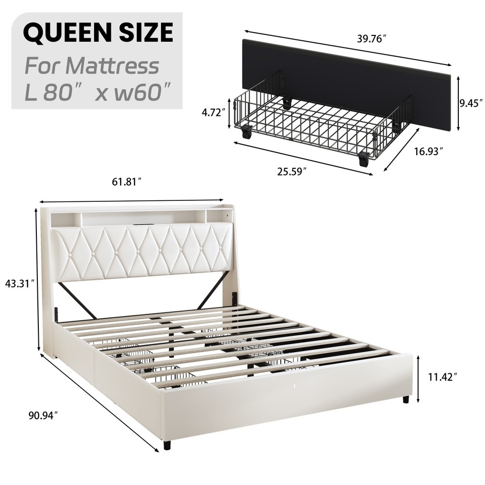 Queen Size LED Platform Bed Frame w/ 4 Drawers & Storage Headboard & USB Port