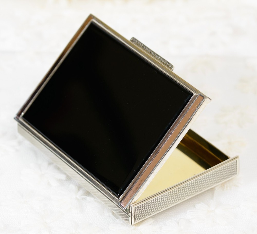 Art Deco Solid Sterling Silver Rose Gold & Onyx Box / Case - Hallmarked 1936