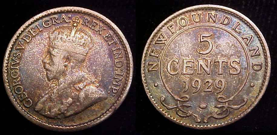 NEWFOUNDLAND 1929 Silver Five Cents VF *Toned*