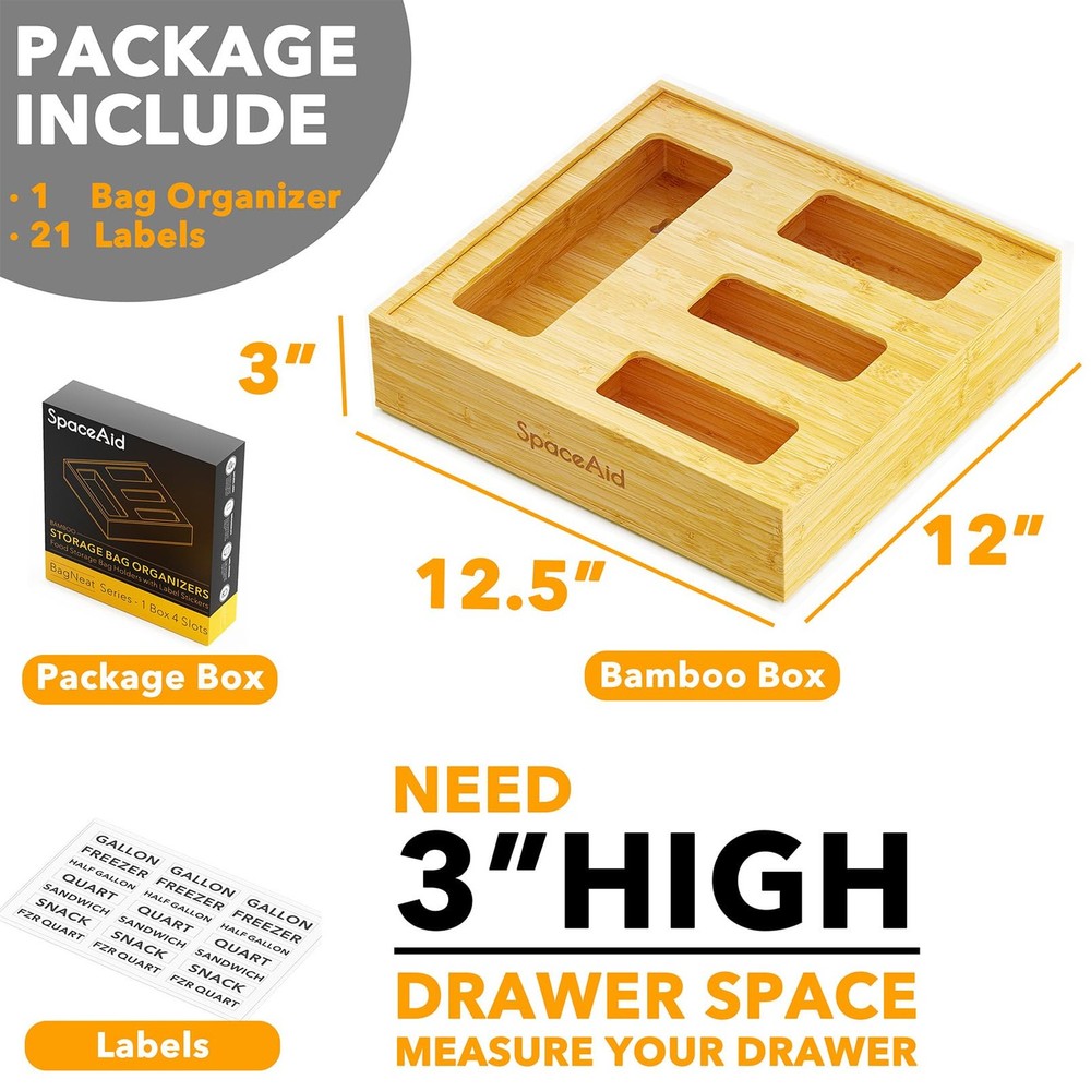 SpaceAid Bag Storage Organizer for Kitchen Drawer, Bamboo Organizer, Compatib...