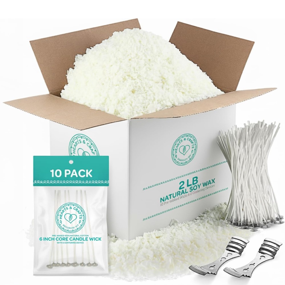 Soy Wax for Candle Making 2lb Kit - Includes 10 Wicks & 2 Metal Centering Dev...
