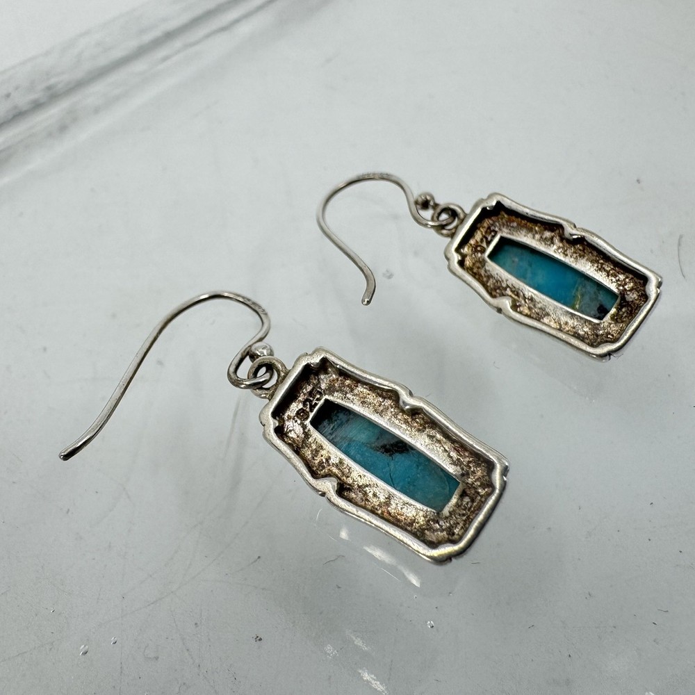 Sterling Silver Turquoise Rectangular Dangle Earrings 1” 3.3g