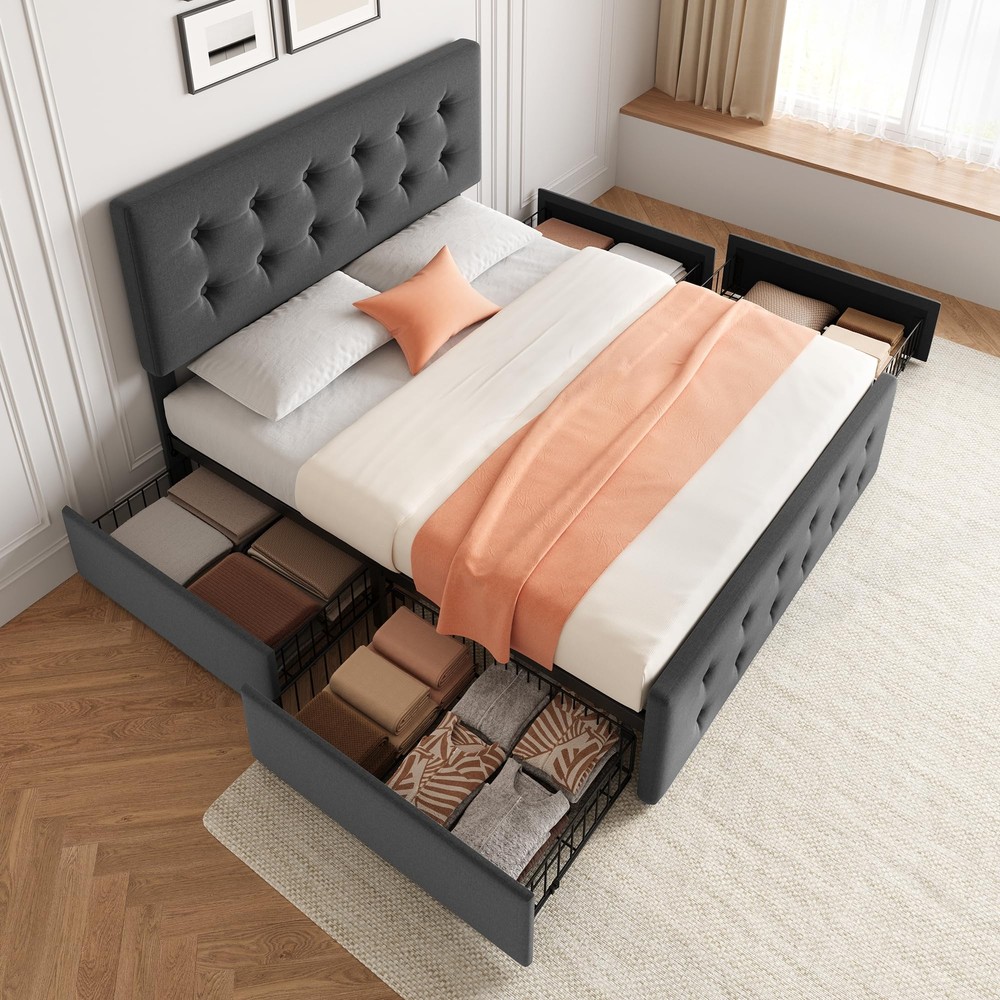 Full Size Bed Frame ,Modern Linen Upholstered Platform w/4 Storage Drawers Gray