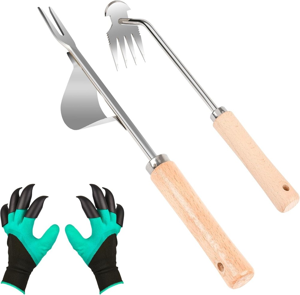 Hand Weeder Tool, 4 Teeth Dual Purpose Weed PullerStainless Steel 3Pcs...