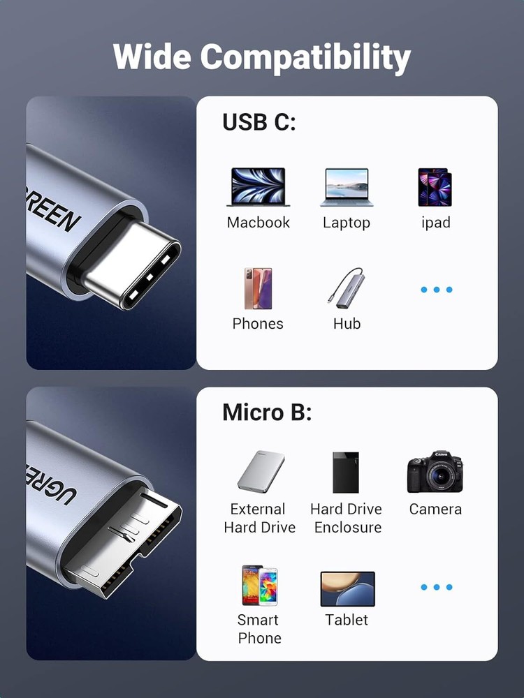 UGREEN USB 3.1 Micro B to USB C Hard Drive Cables, 10 Gbps Data Transfer