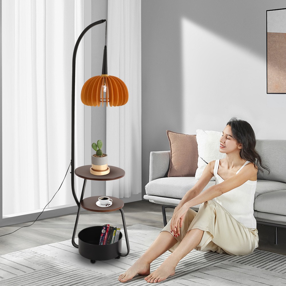 Modern Multifunctional Floor Lamp with 2 Trays & 1 Storage Bin Standing Light US