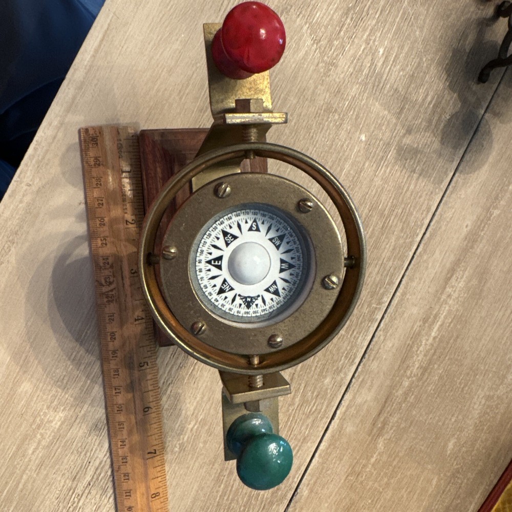 Nautical Brass Gimbled Compass on Wooden Base Marine Ship Compass