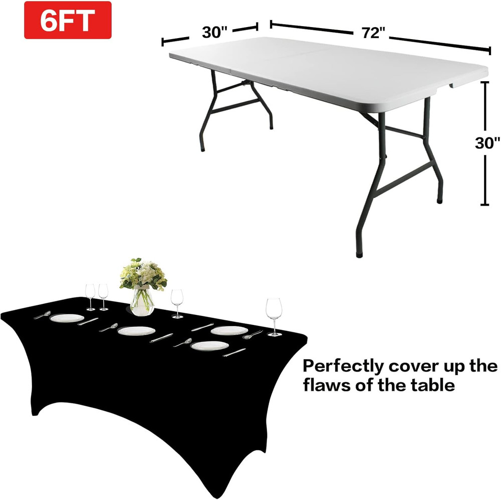 2 Pack 6FT Table Cloth for Rectangular Fitted Events Stretch Black Table Covers