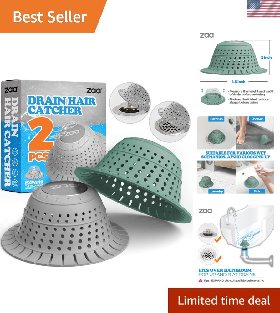Bathtub Drain Hair Catcher 2 Pack Silicone Collapsible Drain Protector New