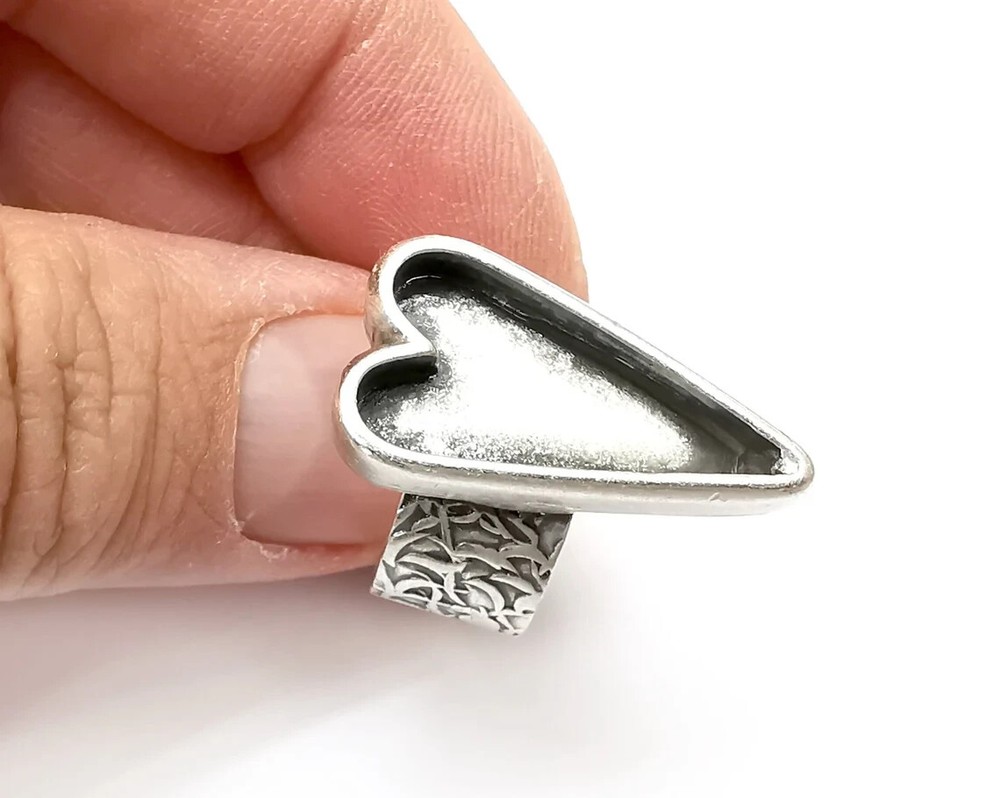 Heart Ring Blank Settings, Cabochon Mounting, Adjustable Antique Silver G33651