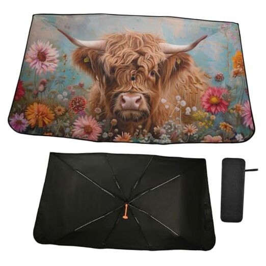Windshield Sun Shade Umbrella Highland Cows Florals Foldable Car Front multi 9