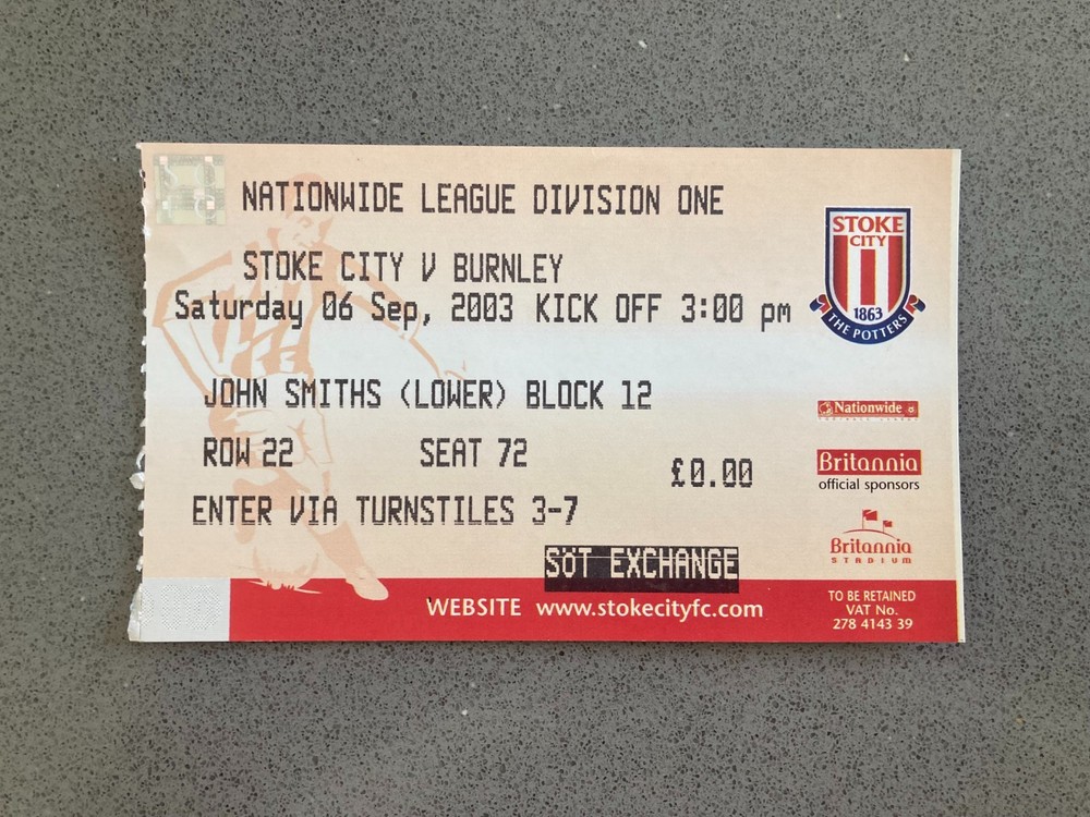 Stoke City v Burnley 2003-04 Match Ticket