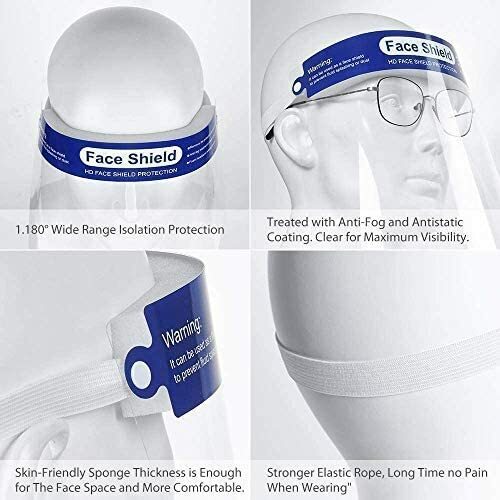 10 Pack Clear Full Face Shields/Face Masks Visor with Sponge Pad Adjustable Band