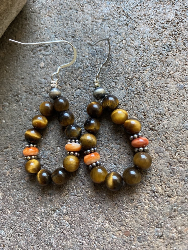 Sterling Silver Tiger’s Eye Spiny Oyster Bead Loop Earrings.