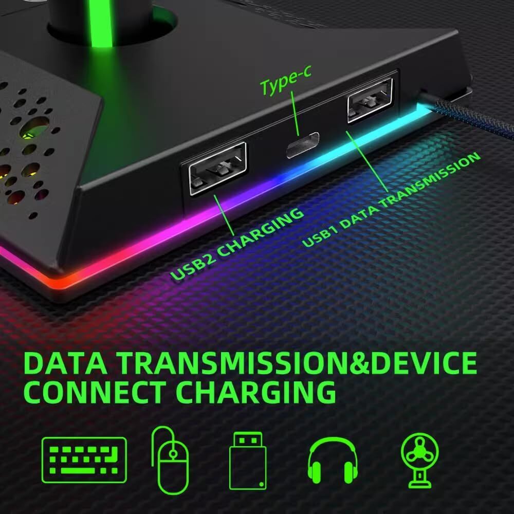 RGB Gaming Controller Holder, Headphone Stand With 2 USB Charging and 1 Type-C