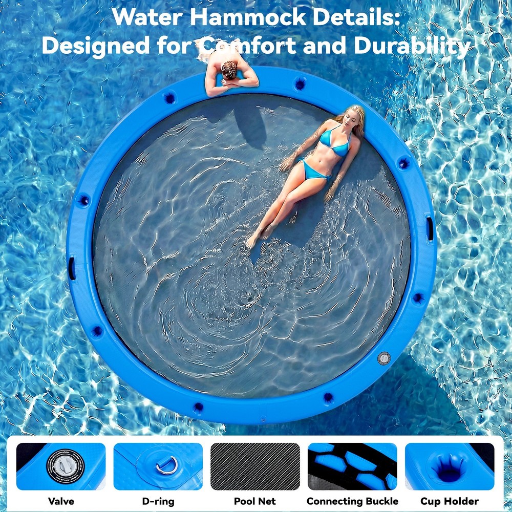 10FT Sunchill Heavy-Duty Float Ring, Cup Holders, Hammock for Lake, Blue
