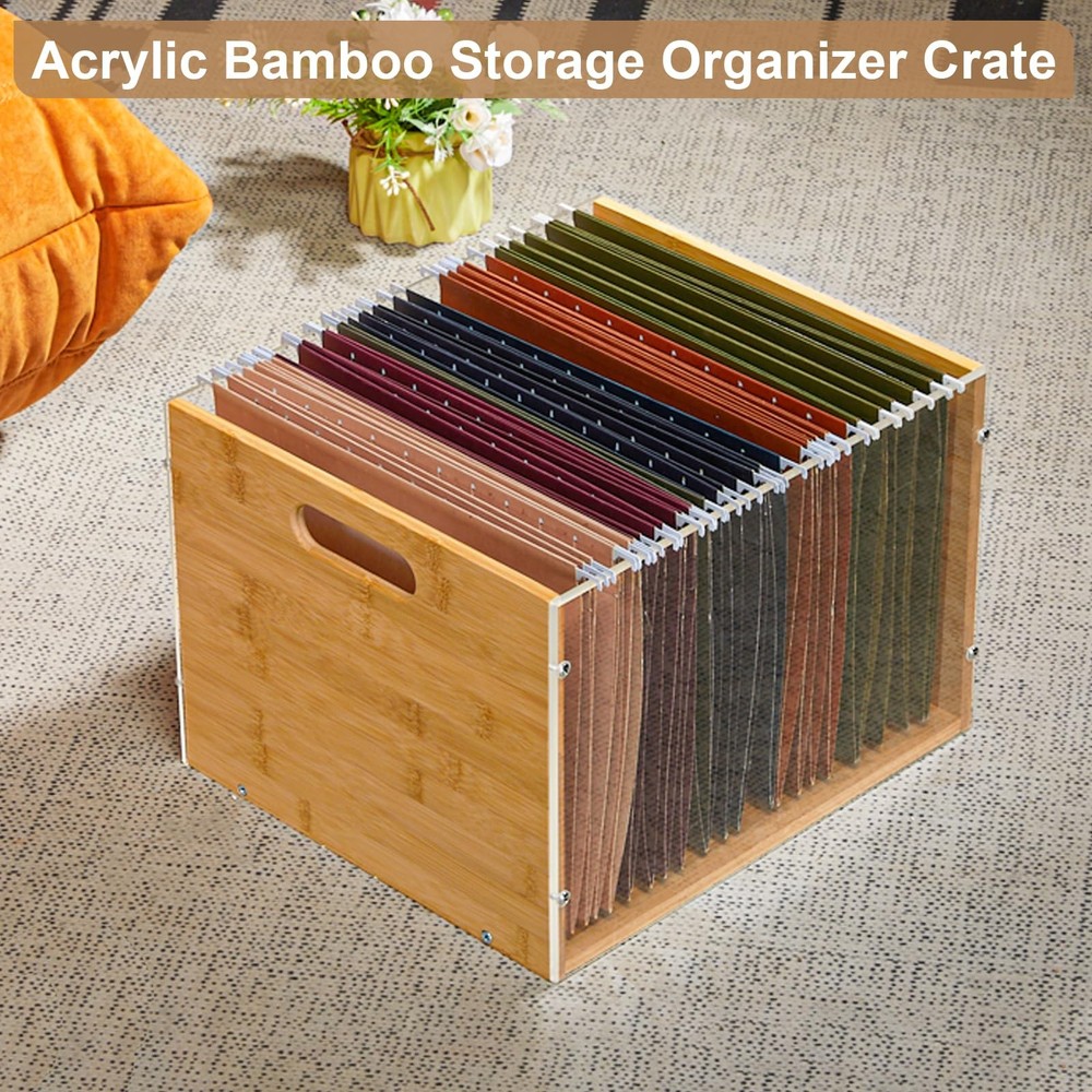 Clear Acrylic File Box Organizer, Bamboo Hanging Folder Storage Boxes, Filing