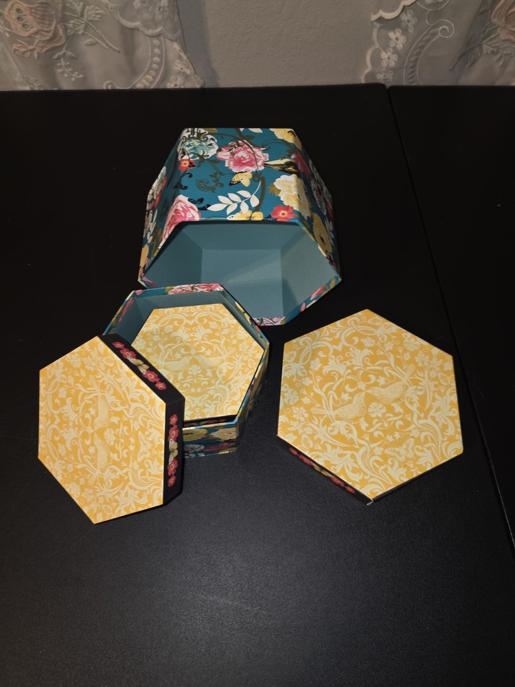 Set of 5 Hexagon Multicolor Floral Cardboard Nesting Boxes With Lids, Stackable