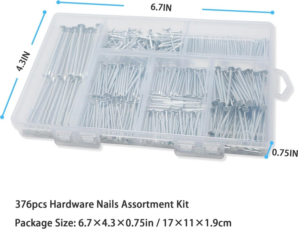 376pcs Premium Hardware Nails Assortment Kit, Maximum One Size, silver/gray