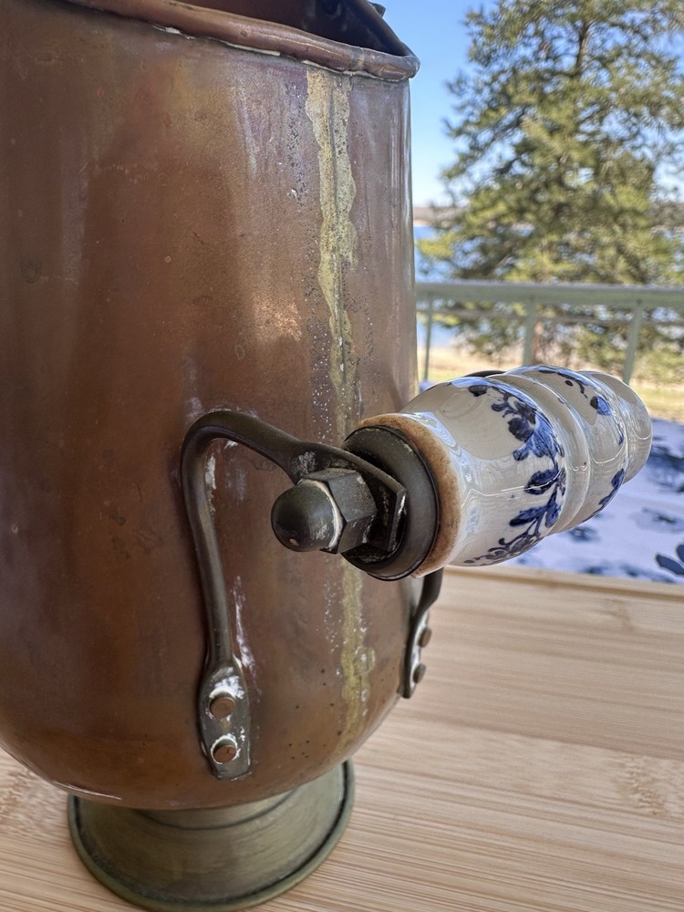 Vtg Copper & Brass Coal Scuttle Delft Porcelain Handle Fireplace Rustic