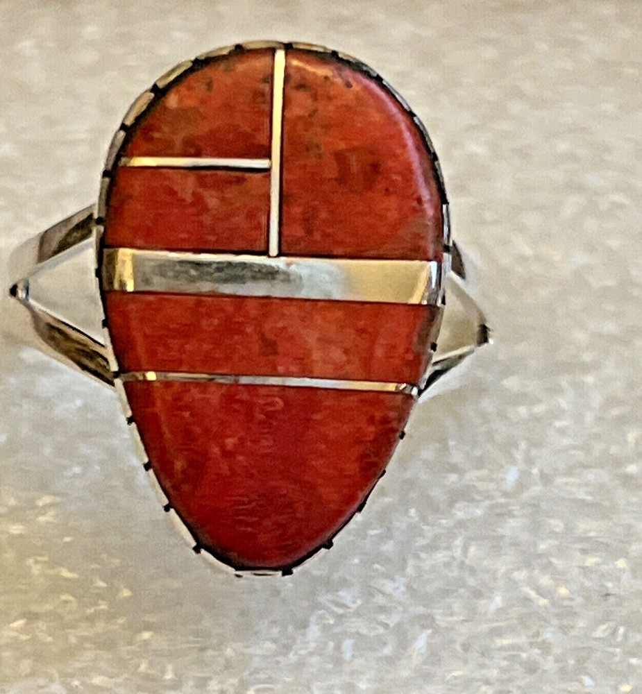 Natural  Red Coral Split Band Ring size 10 in Sterling Silver