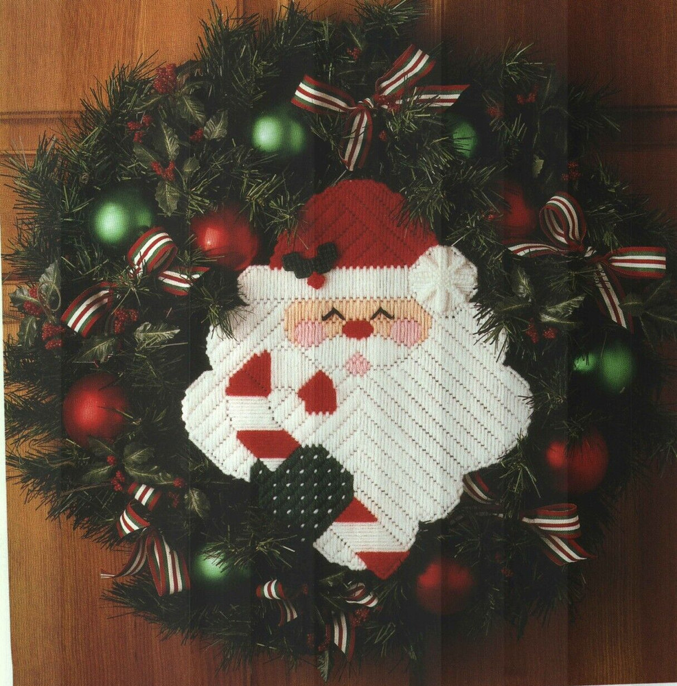 CANDY CANE SANTAS CHRISTMAS WREATH PLASTIC CANVAS PATTERN INSTRUCTIONS