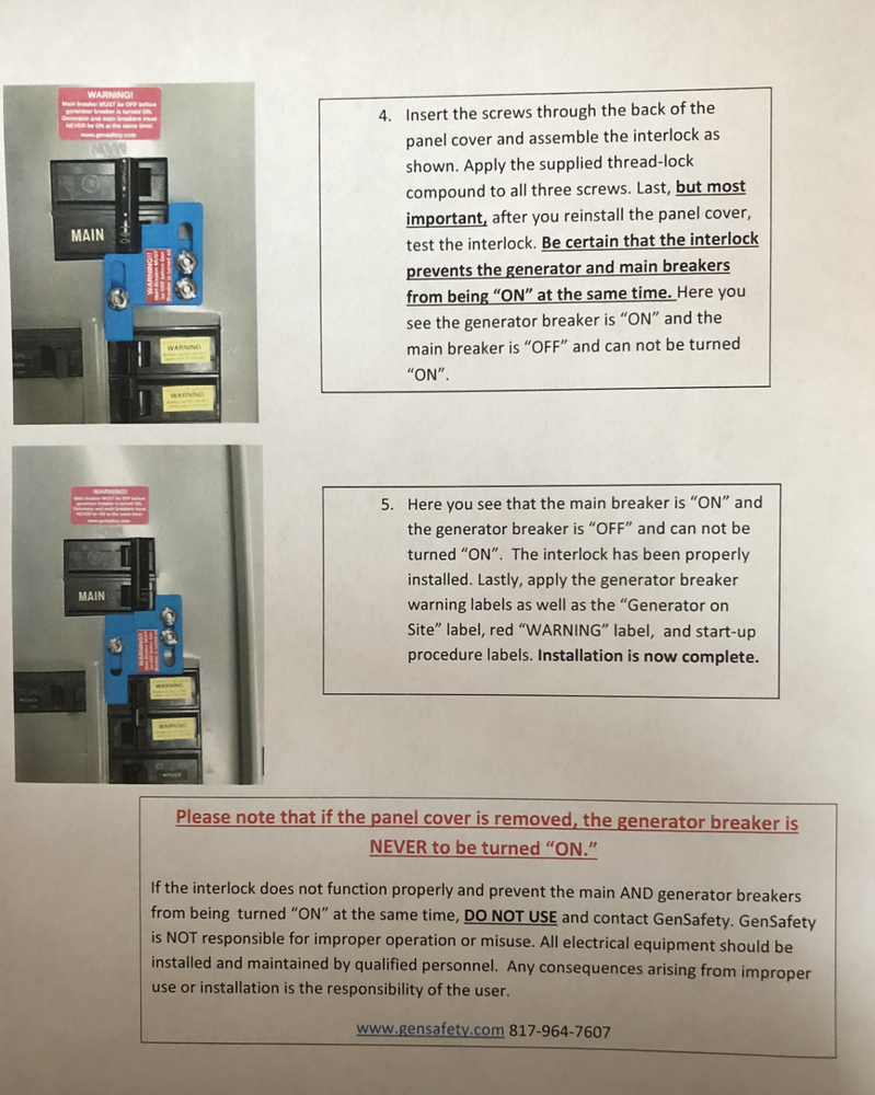 Generator Interlock Kit for GE 100 Amp Panel GEN-100
