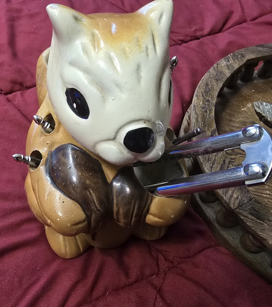 GO NUTS! TWO Vintage Squirrel Nutters-Cracker, Caddy, & Utensils!